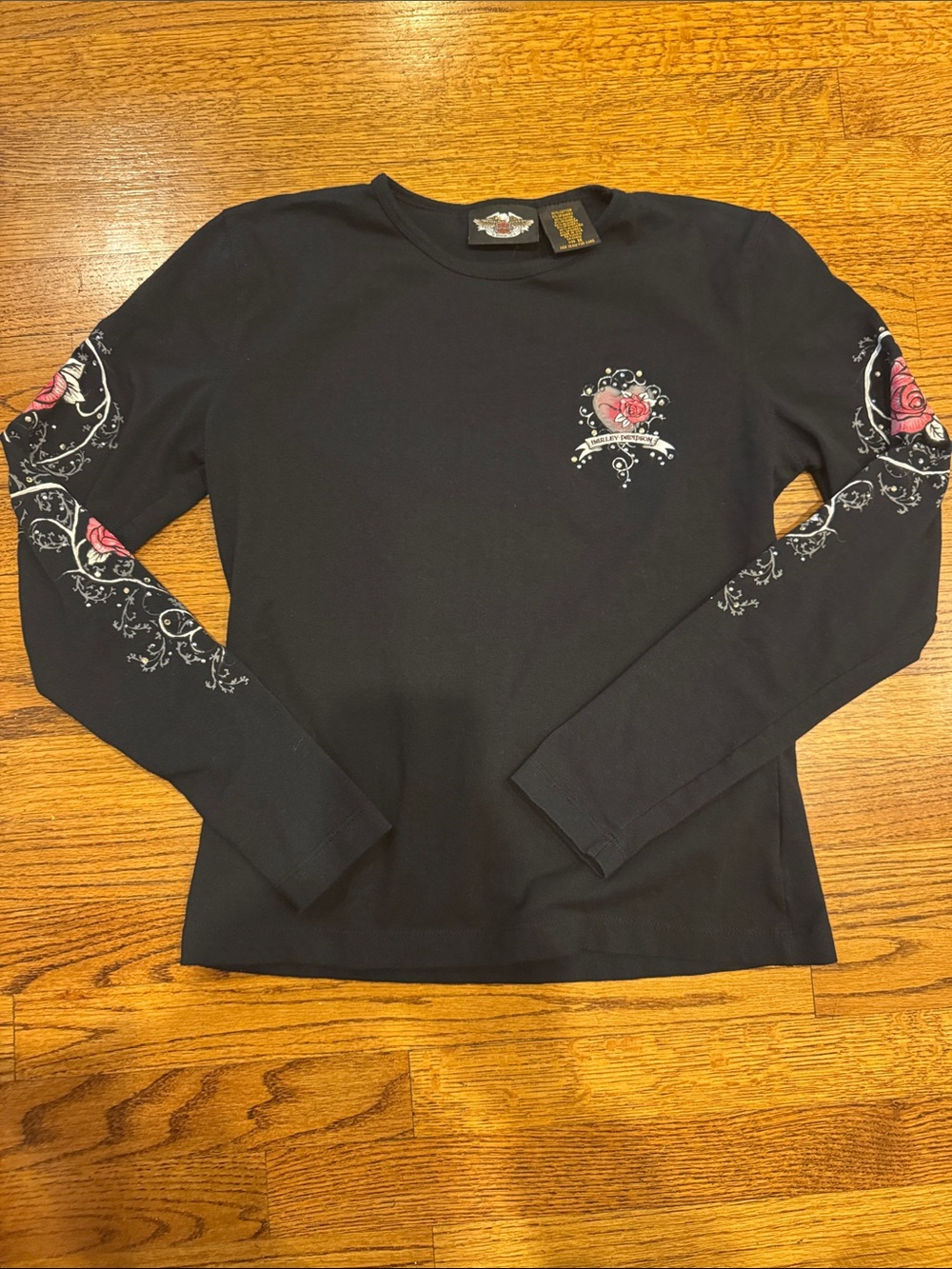 Vintage Harley-Davidson Black Long Sleeve Tee Pink Rose Rhinestones